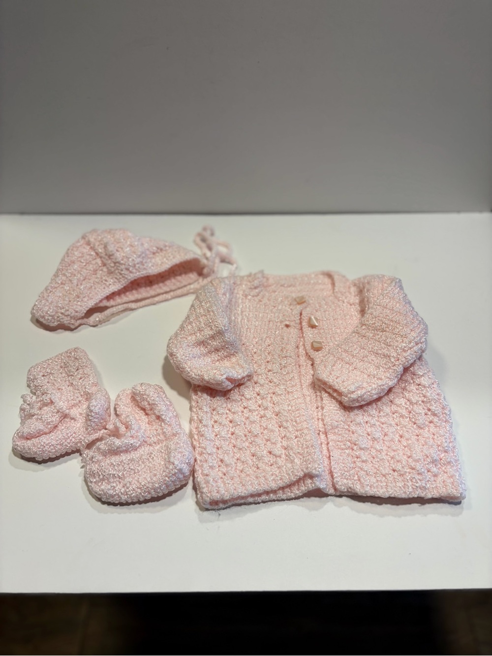 Hand-Knit Baby Cardigan, Hat & Booties Set - Pale Pink